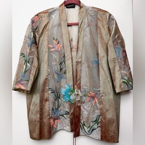 Lee Andersen hand embroidered 3/4 sleeve tie front silk blend cardigan Size XL